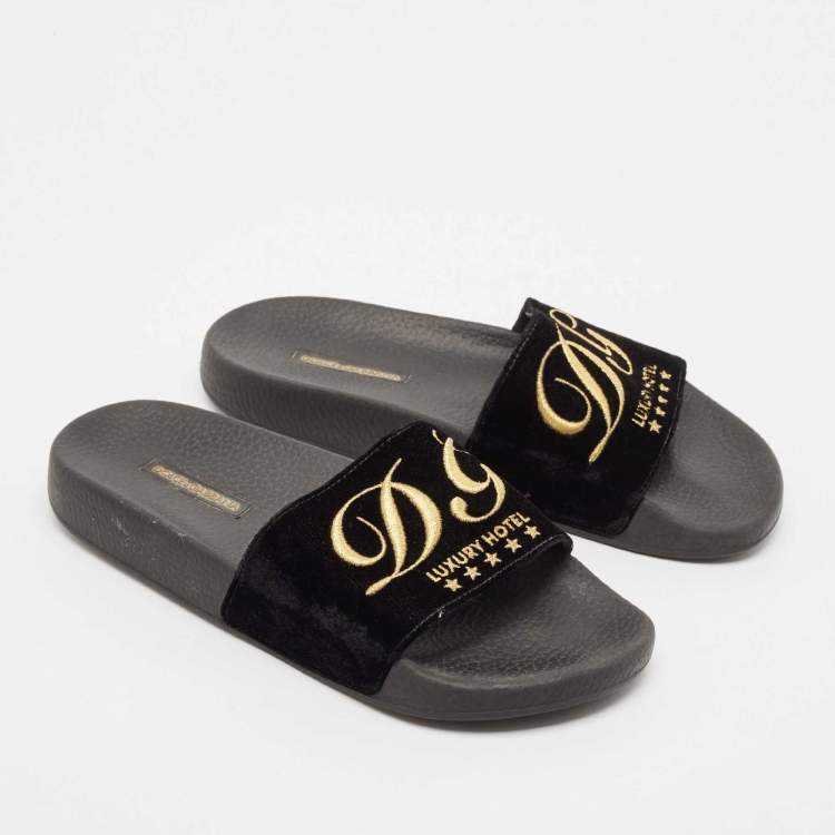 Pre Owned Dolce & Gabbana Black Velvet DG Embroidered Flat Pool Slides Size 37