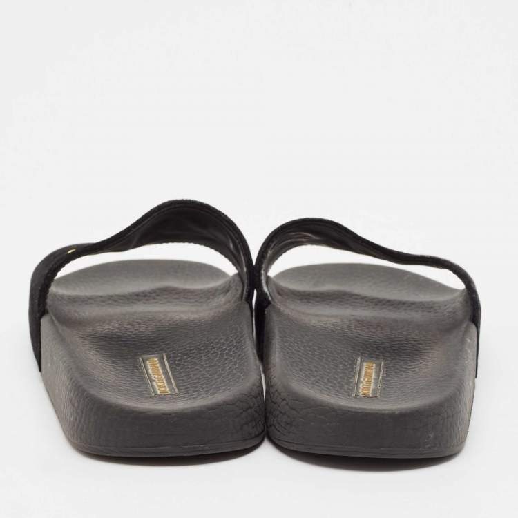 Pre Owned Dolce & Gabbana Black Velvet DG Embroidered Flat Pool Slides Size 37
