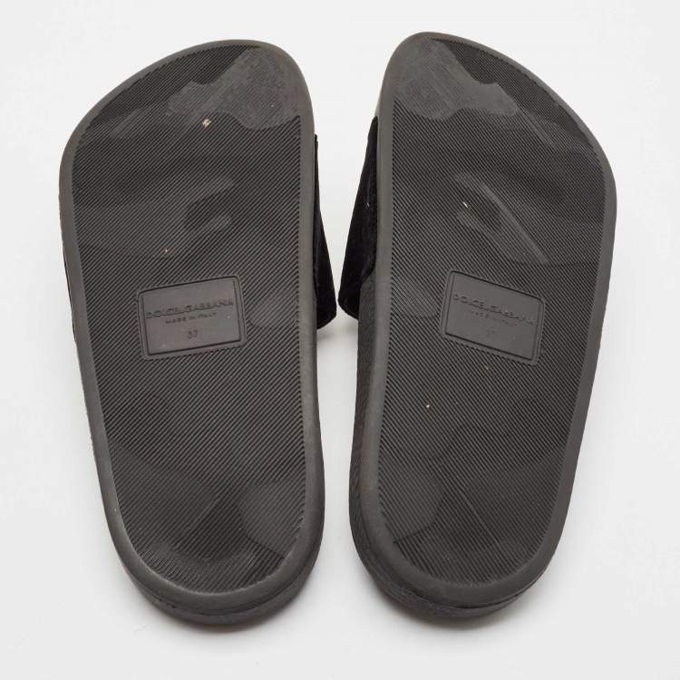 Pre Owned Dolce & Gabbana Black Velvet DG Embroidered Flat Pool Slides Size 37