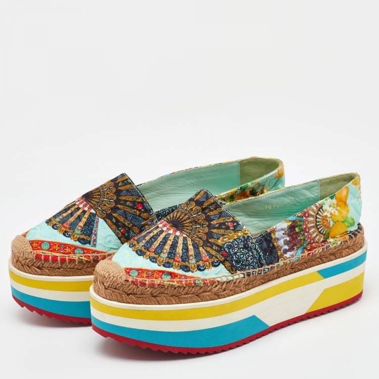 Pre Owned Dolce & Gabbana Multicolor Print Jacquard Platform Espadrilles Size 38