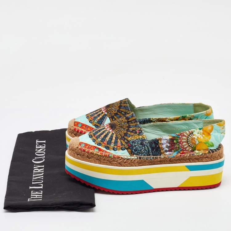 Pre Owned Dolce & Gabbana Multicolor Print Jacquard Platform Espadrilles Size 38