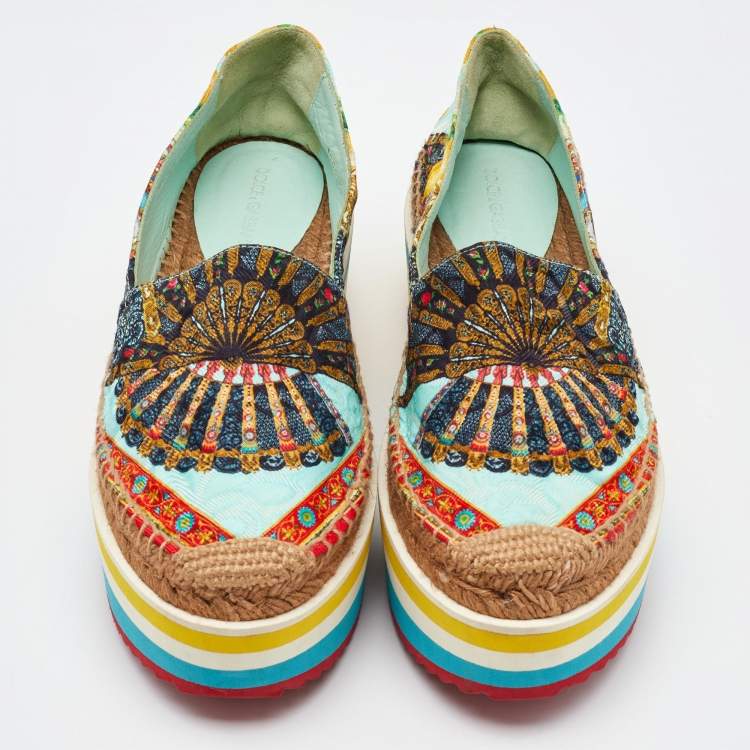Pre Owned Dolce & Gabbana Multicolor Print Jacquard Platform Espadrilles Size 38