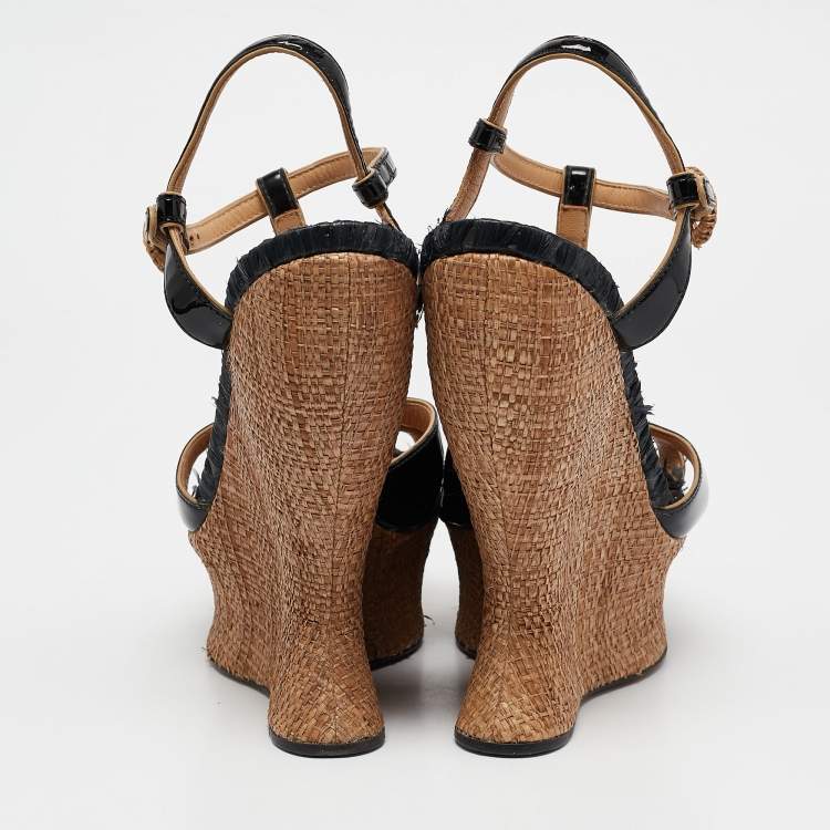 Pre Owned Dolce & Gabbana Black/Beige Patent and Raffia Cork Wedge Ankle Strap Sandals Size 39
