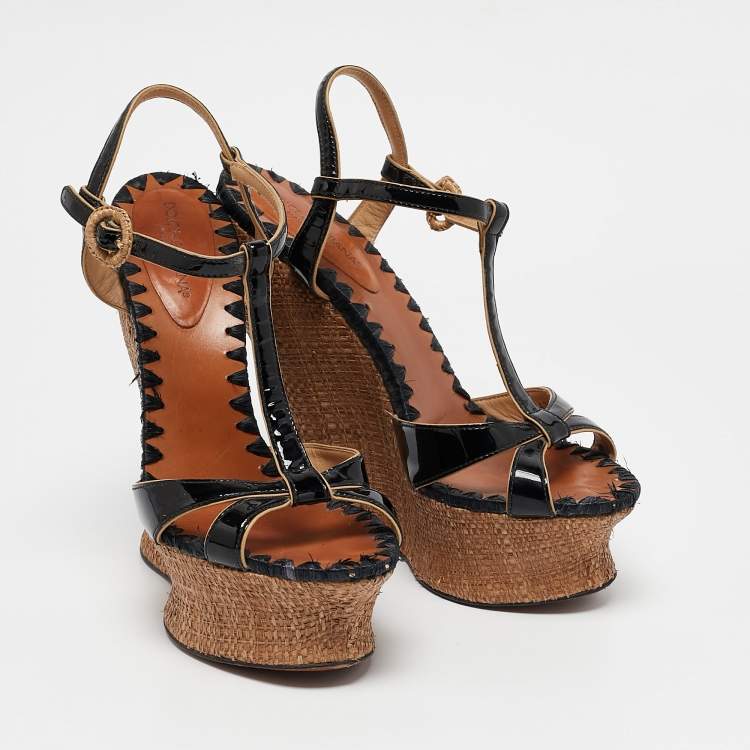 Pre Owned Dolce & Gabbana Black/Beige Patent and Raffia Cork Wedge Ankle Strap Sandals Size 39