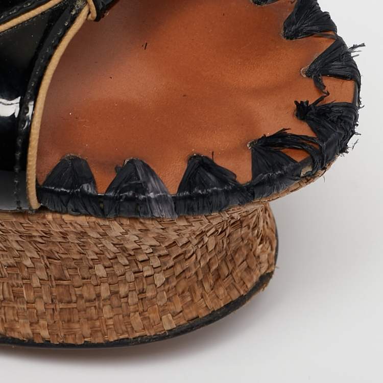 Pre Owned Dolce & Gabbana Black/Beige Patent and Raffia Cork Wedge Ankle Strap Sandals Size 39