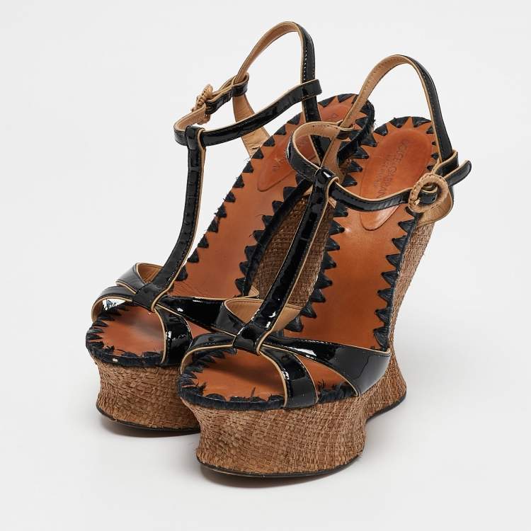 Pre Owned Dolce & Gabbana Black/Beige Patent and Raffia Cork Wedge Ankle Strap Sandals Size 39