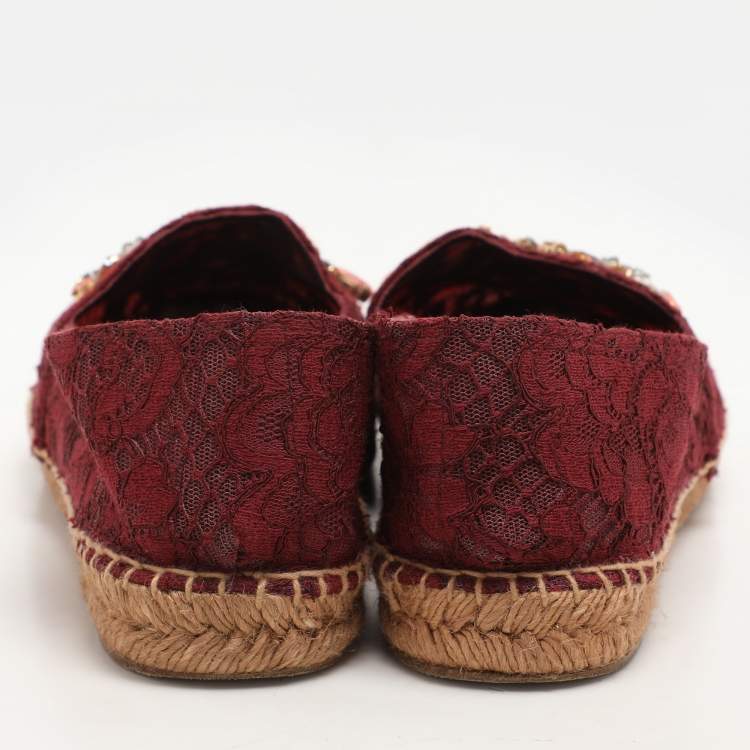 Pre Owned Dolce & Gabbana Burgundy Lace Embellished Espadrille Flats Size 40