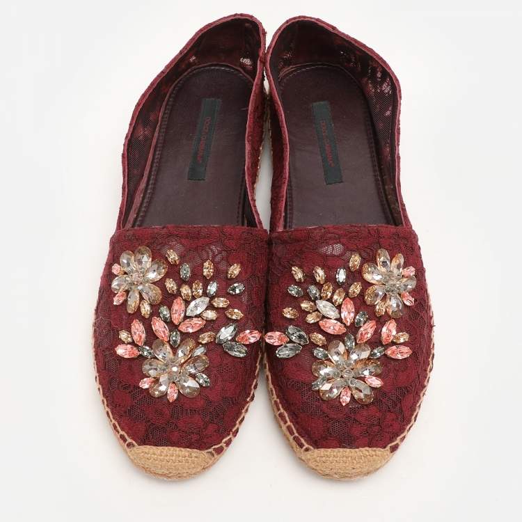 Pre Owned Dolce & Gabbana Burgundy Lace Embellished Espadrille Flats Size 40