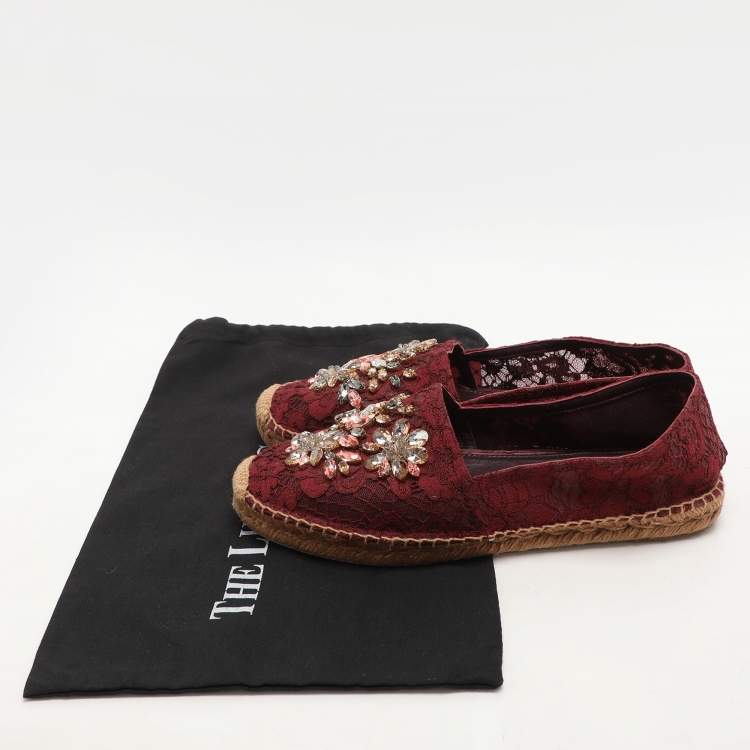 Pre Owned Dolce & Gabbana Burgundy Lace Embellished Espadrille Flats Size 40