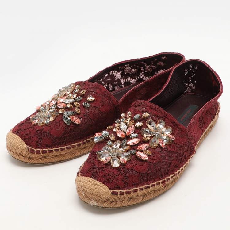 Pre Owned Dolce & Gabbana Burgundy Lace Embellished Espadrille Flats Size 40
