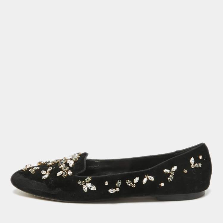 Pre Owned Dolce & Gabbana Black Velvet Crystal Embellished Ballet Flats Size 38.5