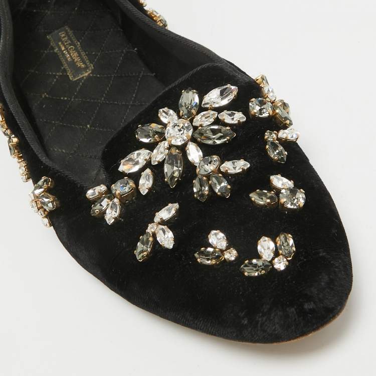 Pre Owned Dolce & Gabbana Black Velvet Crystal Embellished Ballet Flats Size 38.5