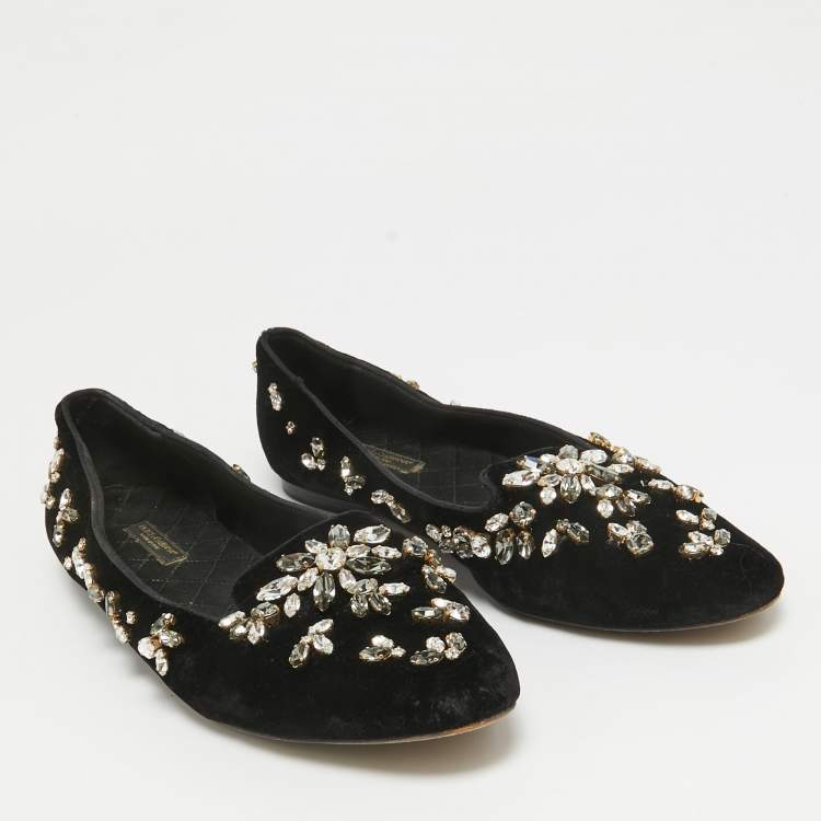 Pre Owned Dolce & Gabbana Black Velvet Crystal Embellished Ballet Flats Size 38.5