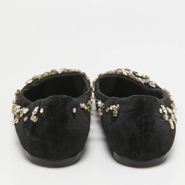 Pre Owned Dolce & Gabbana Black Velvet Crystal Embellished Ballet Flats Size 38.5