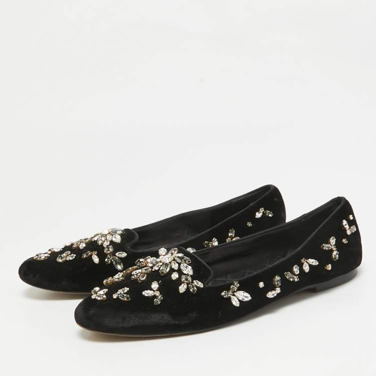 Pre Owned Dolce & Gabbana Black Velvet Crystal Embellished Ballet Flats Size 38.5