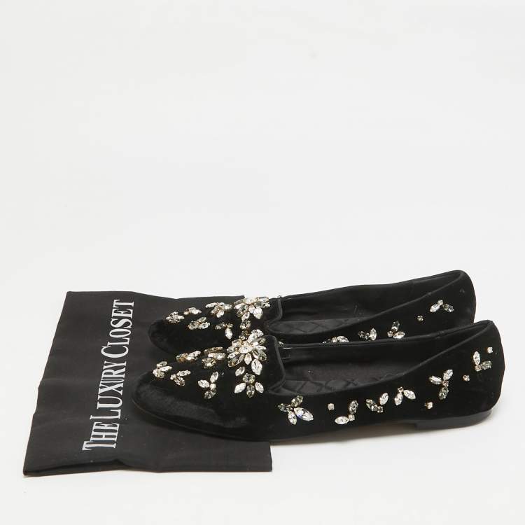 Pre Owned Dolce & Gabbana Black Velvet Crystal Embellished Ballet Flats Size 38.5