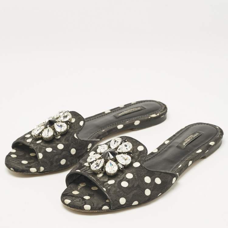 Pre Owned Dolce & Gabbana Black Polka Dot Canvas Bianca Flat Slides Size 38