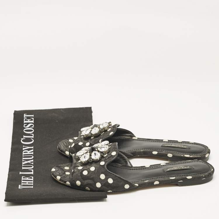 Pre Owned Dolce & Gabbana Black Polka Dot Canvas Bianca Flat Slides Size 38
