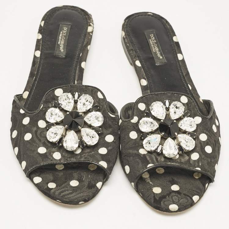 Pre Owned Dolce & Gabbana Black Polka Dot Canvas Bianca Flat Slides Size 38