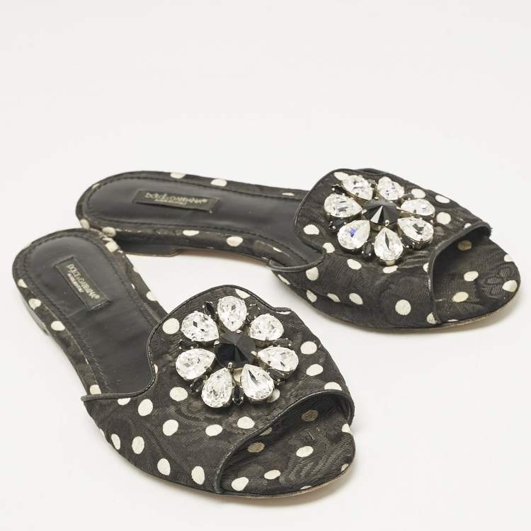 Pre Owned Dolce & Gabbana Black Polka Dot Canvas Bianca Flat Slides Size 38