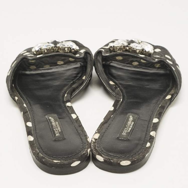 Pre Owned Dolce & Gabbana Black Polka Dot Canvas Bianca Flat Slides Size 38