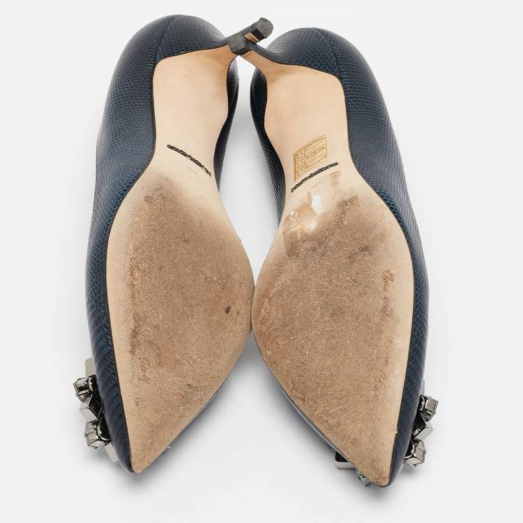 Pre Owned Dolce & Gabbana Navy Blue Lizard Embossed Leather Bellucci Pumps Size 36.5