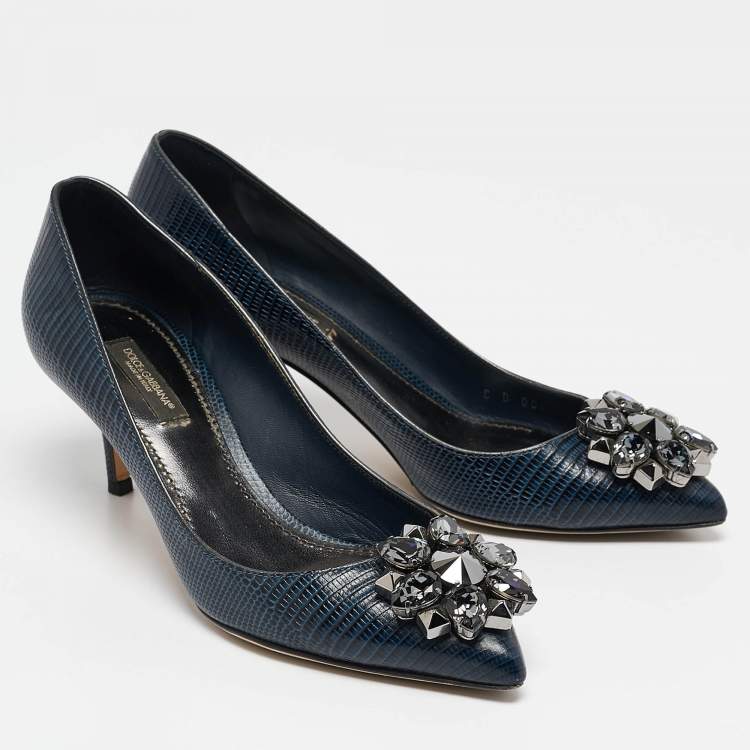 Pre Owned Dolce & Gabbana Navy Blue Lizard Embossed Leather Bellucci Pumps Size 36.5