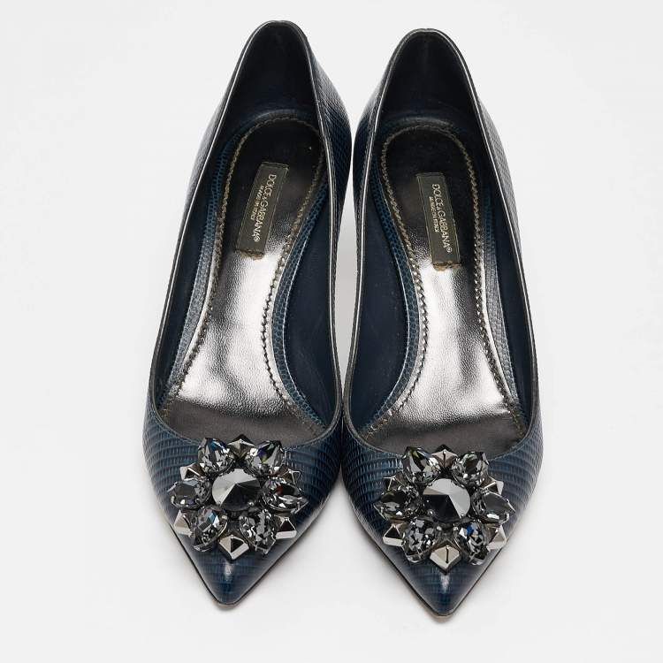 Pre Owned Dolce & Gabbana Navy Blue Lizard Embossed Leather Bellucci Pumps Size 36.5