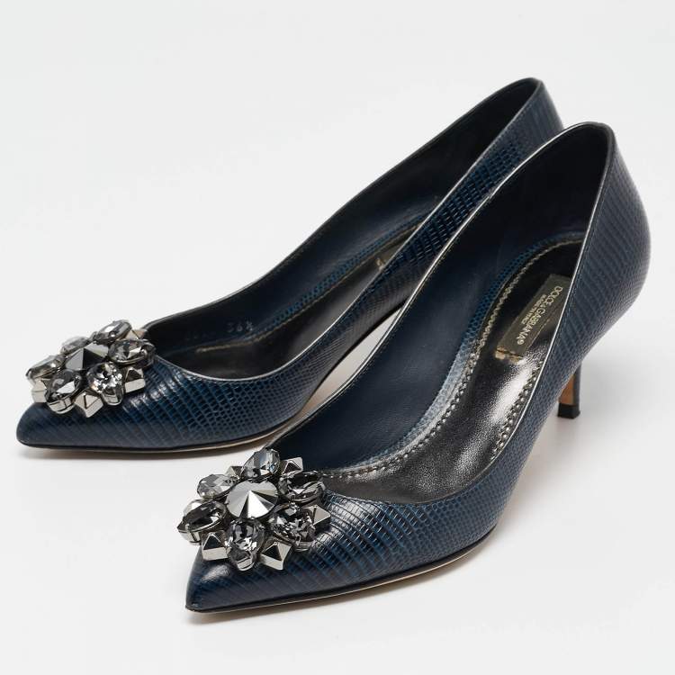 Pre Owned Dolce & Gabbana Navy Blue Lizard Embossed Leather Bellucci Pumps Size 36.5