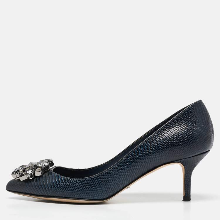 Pre Owned Dolce & Gabbana Navy Blue Lizard Embossed Leather Bellucci Pumps Size 36.5