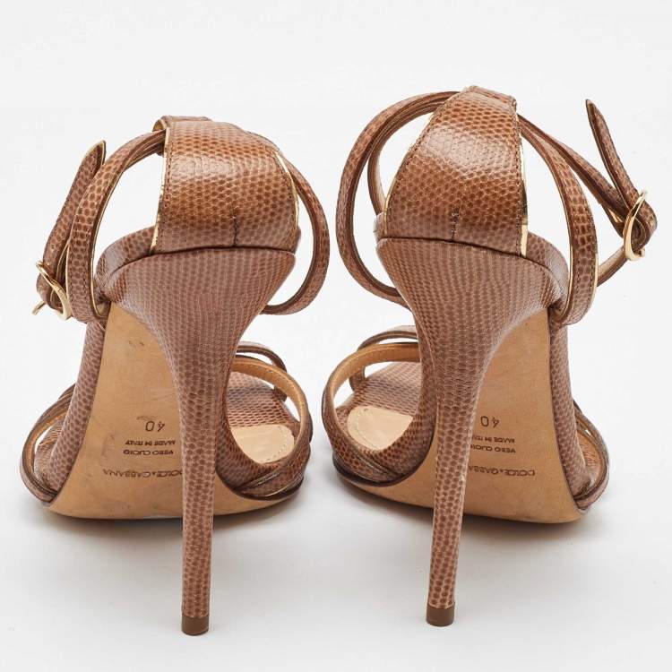 مملوكة مسبقًا Dolce & Gabbana Brown Lizard Embossed Leather Ankle Strap Sandals Size 40