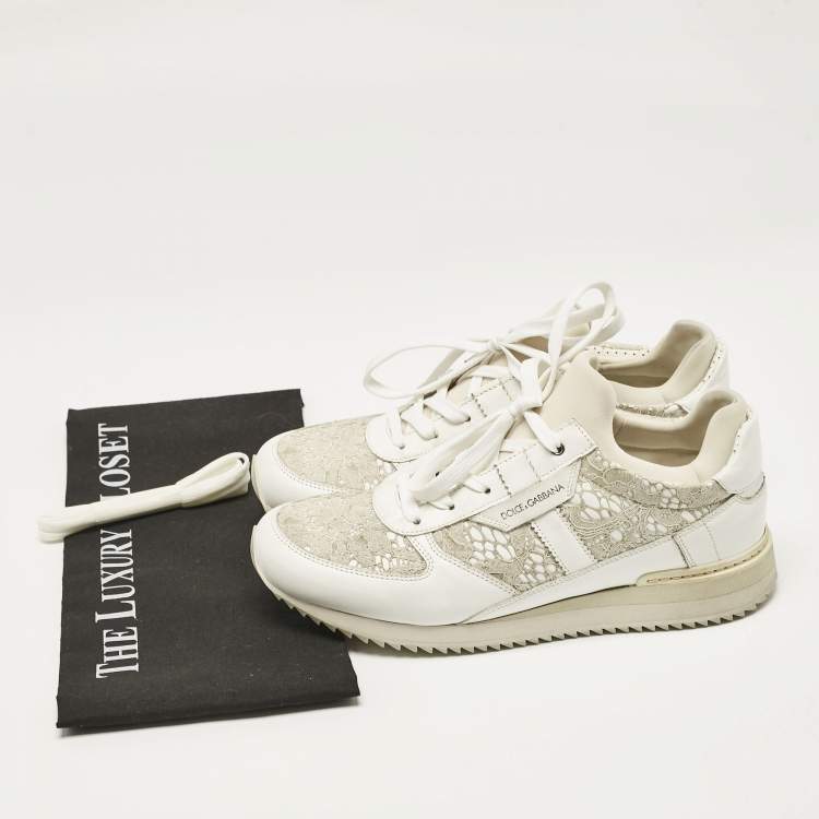 Pre Owned Dolce & Gabbana White Floral Lace and Leather Low Top Sneakers Size 39