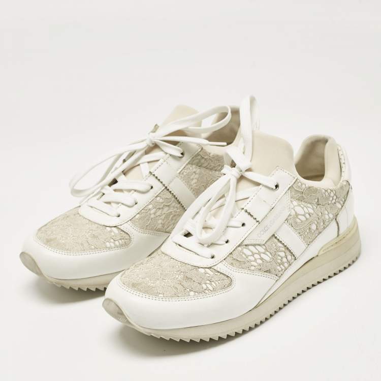 Pre Owned Dolce & Gabbana White Floral Lace and Leather Low Top Sneakers Size 39
