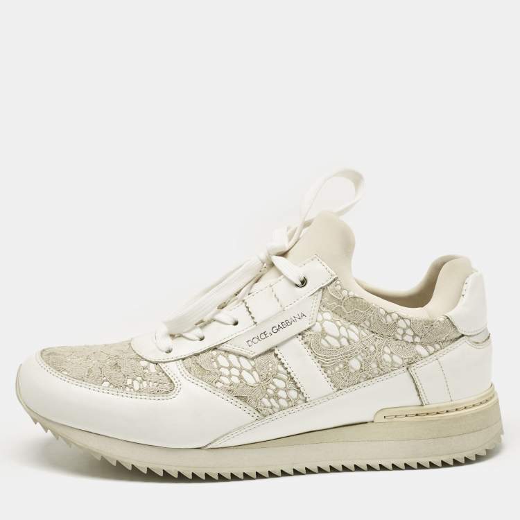 Pre Owned Dolce & Gabbana White Floral Lace and Leather Low Top Sneakers Size 39