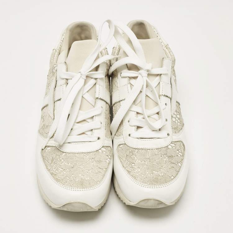 Pre Owned Dolce & Gabbana White Floral Lace and Leather Low Top Sneakers Size 39