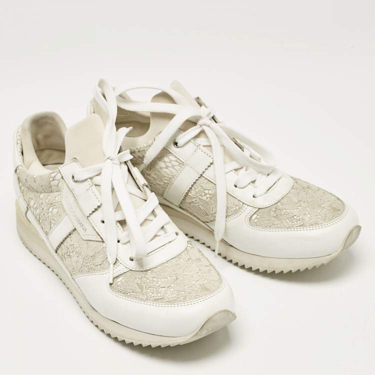 Pre Owned Dolce & Gabbana White Floral Lace and Leather Low Top Sneakers Size 39