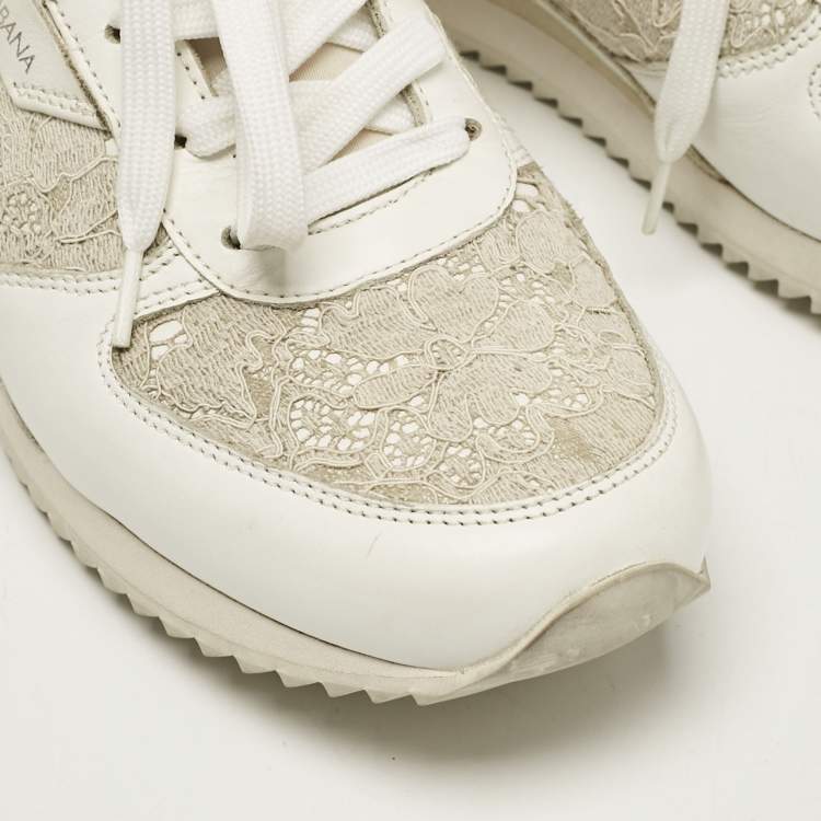 Pre Owned Dolce & Gabbana White Floral Lace and Leather Low Top Sneakers Size 39