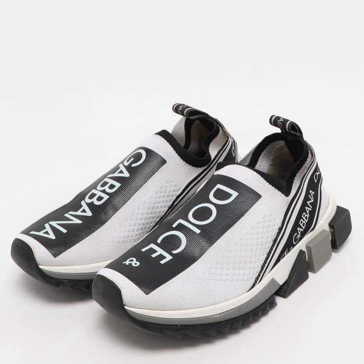 Pre Owned Dolce & Gabbana White/Black Knit Fabric Sorrento Slip On Sneakers Size 37.5