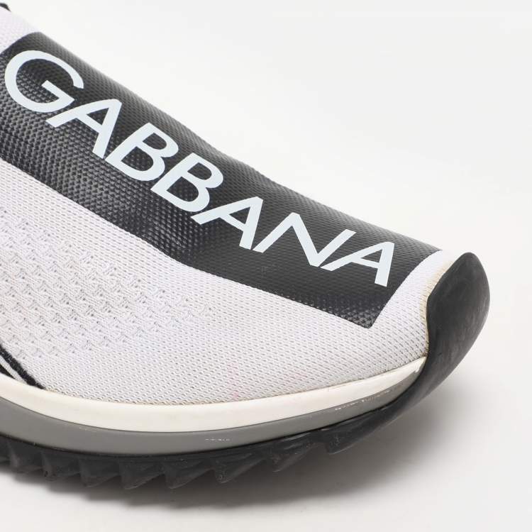Pre Owned Dolce & Gabbana White/Black Knit Fabric Sorrento Slip On Sneakers Size 37.5