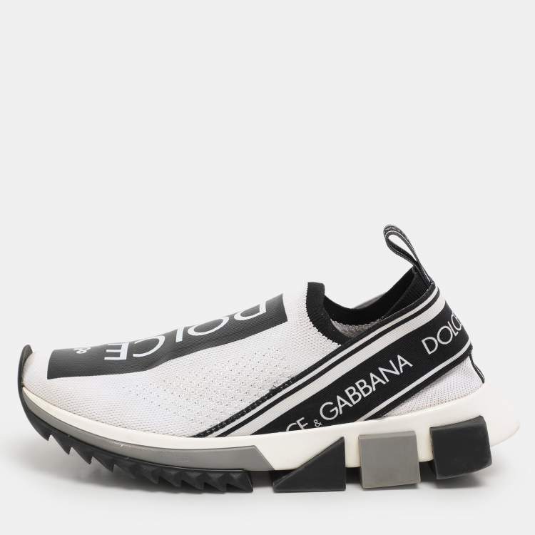 Pre Owned Dolce & Gabbana White/Black Knit Fabric Sorrento Slip On Sneakers Size 37.5