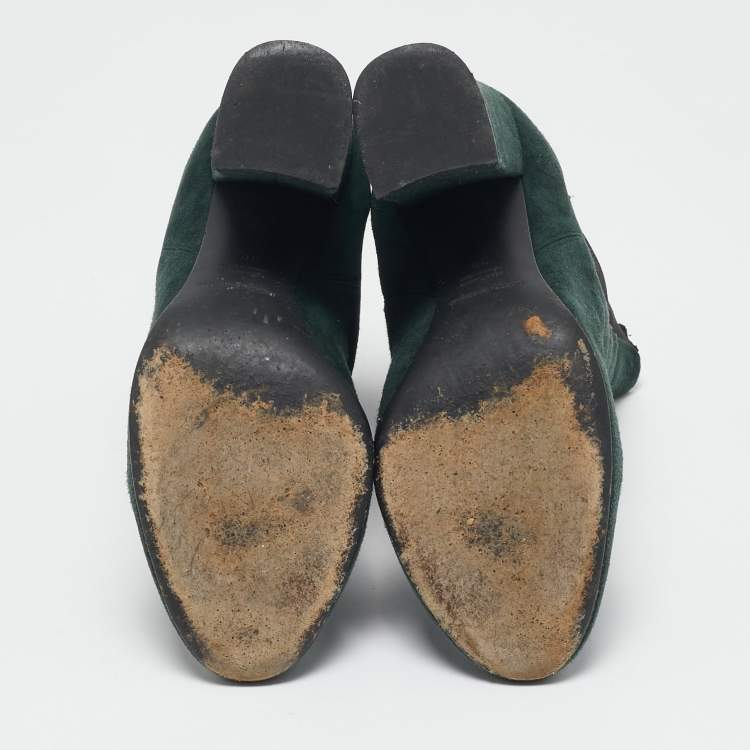 Pre Owned Dolce & Gabbana Green Suede Block Heel Ankle Length Boots Size 38