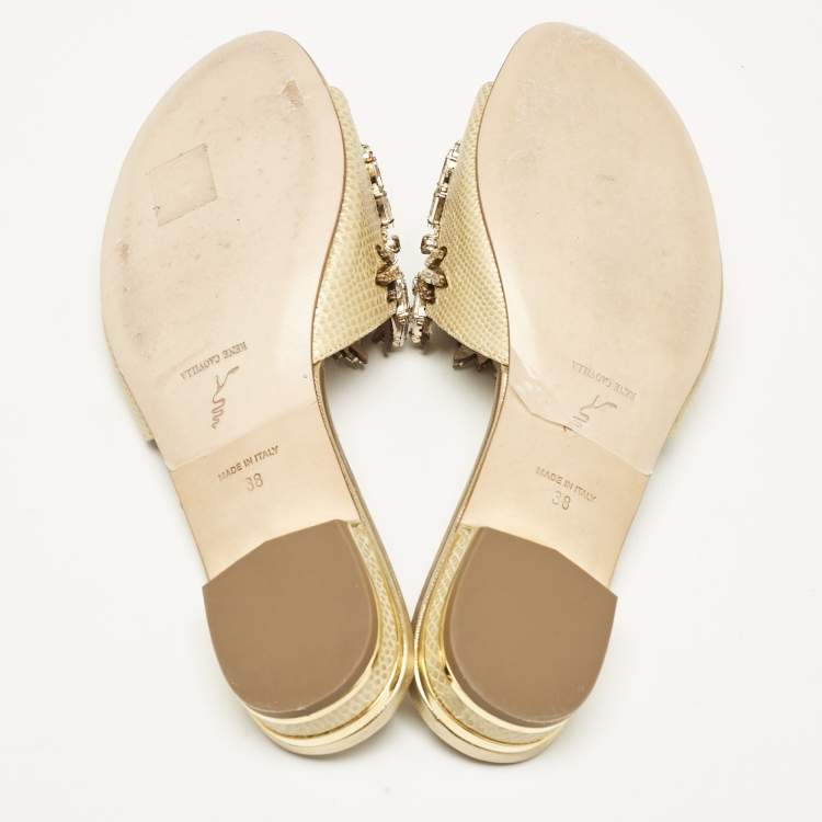 Pre Owned Rene Caovilla Gold Lizard Embossed Leather Crystal Embellished Flat Slide Size 38