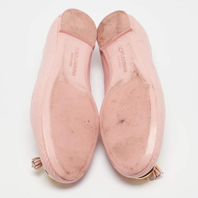 Pre Owned  Dolce & Gabbana Pink Lizard Embossed Leather Tassel Ballet Flats Size 40