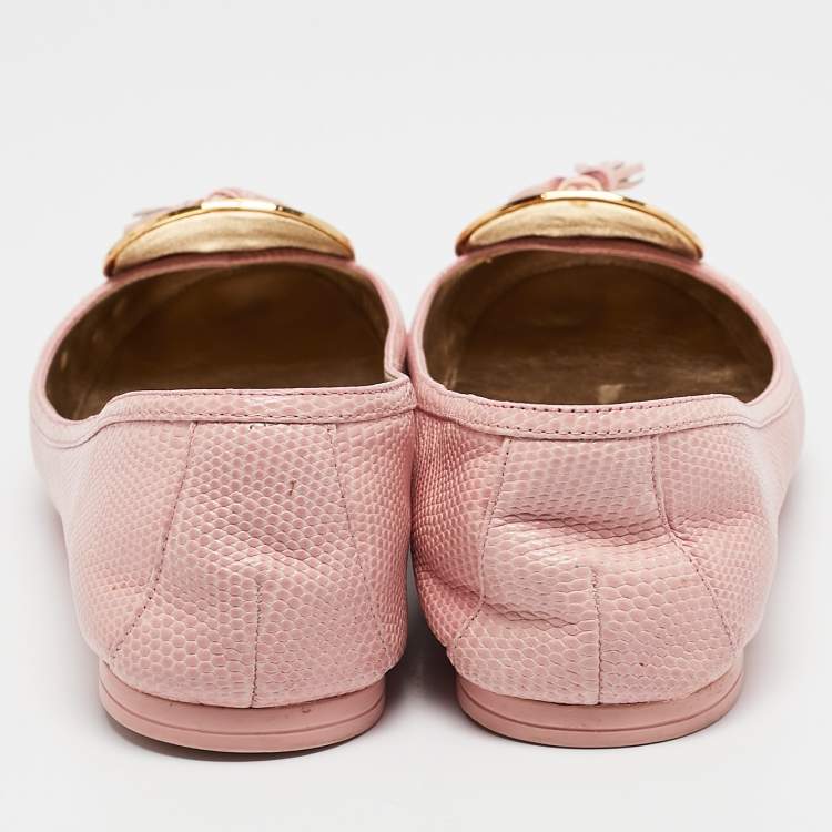 Pre Owned  Dolce & Gabbana Pink Lizard Embossed Leather Tassel Ballet Flats Size 40