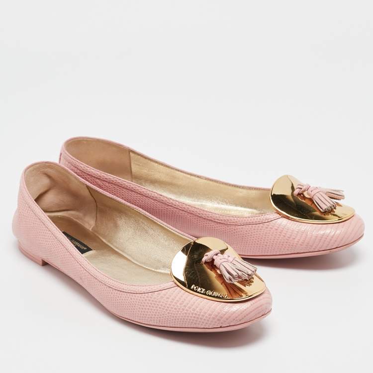 Pre Owned  Dolce & Gabbana Pink Lizard Embossed Leather Tassel Ballet Flats Size 40