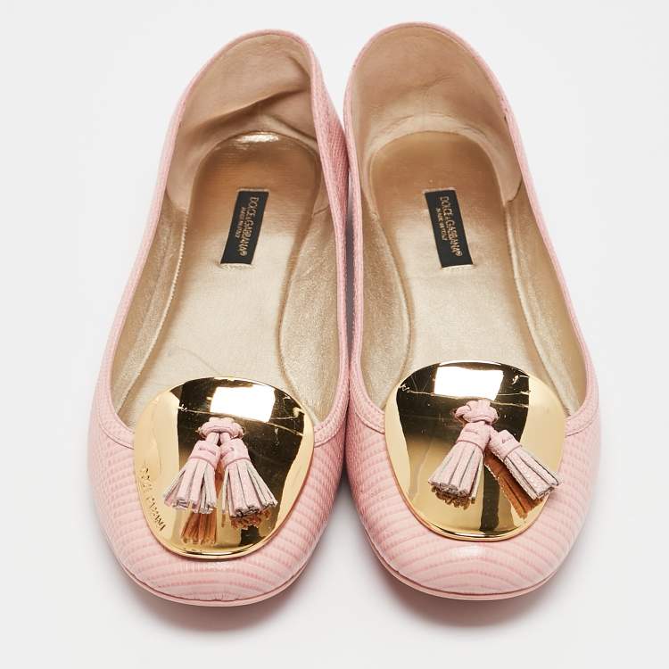 Pre Owned  Dolce & Gabbana Pink Lizard Embossed Leather Tassel Ballet Flats Size 40