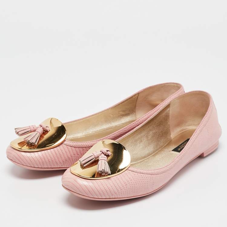 Pre Owned  Dolce & Gabbana Pink Lizard Embossed Leather Tassel Ballet Flats Size 40