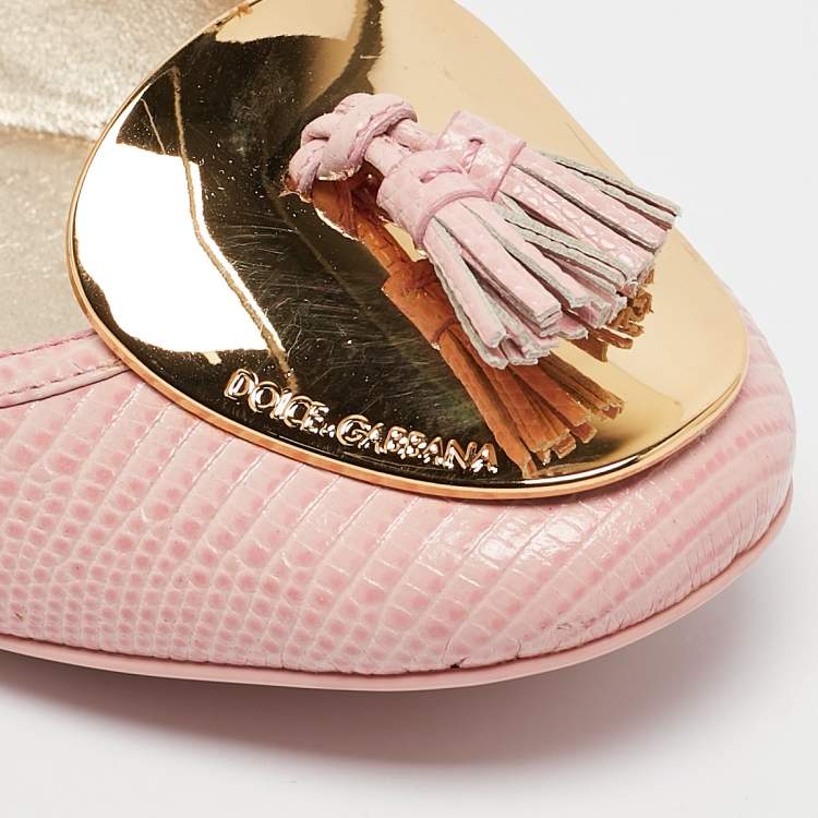 Pre Owned  Dolce & Gabbana Pink Lizard Embossed Leather Tassel Ballet Flats Size 40