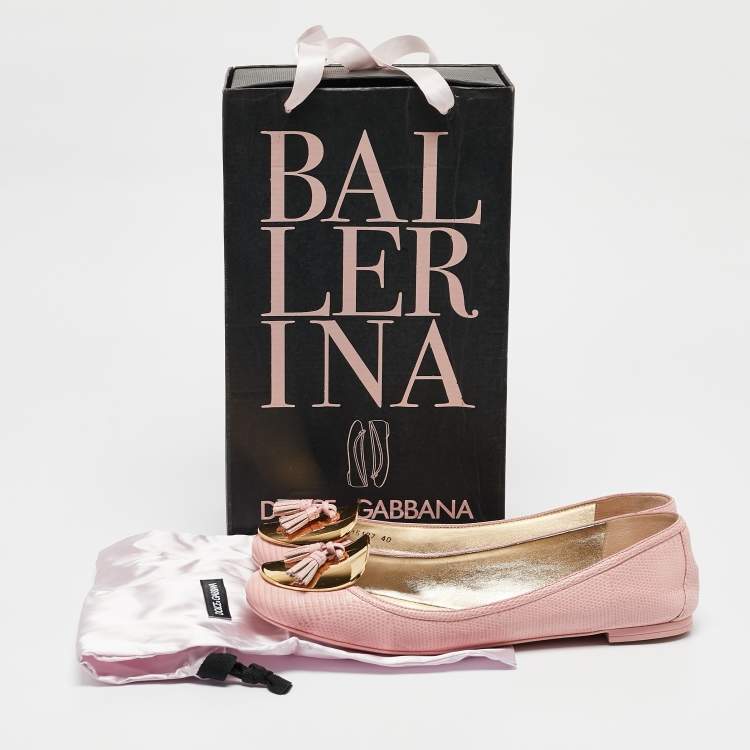 Pre Owned  Dolce & Gabbana Pink Lizard Embossed Leather Tassel Ballet Flats Size 40