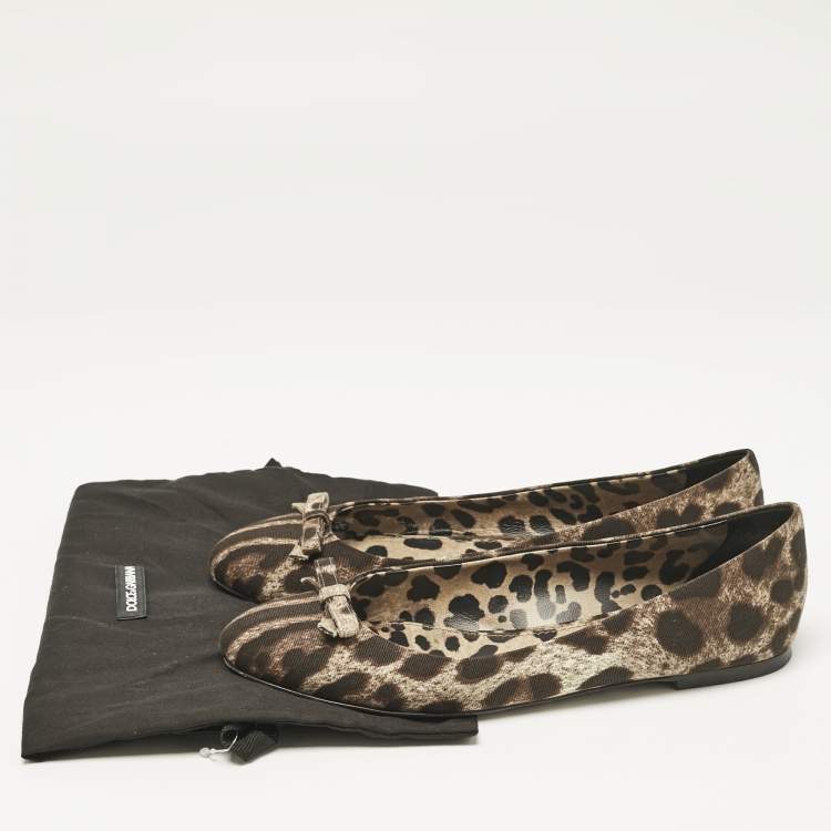 Pre Owned Dolce & Gabbana Brown Animal Print Canvas Bow Detail Ballet Flats Size 39.5